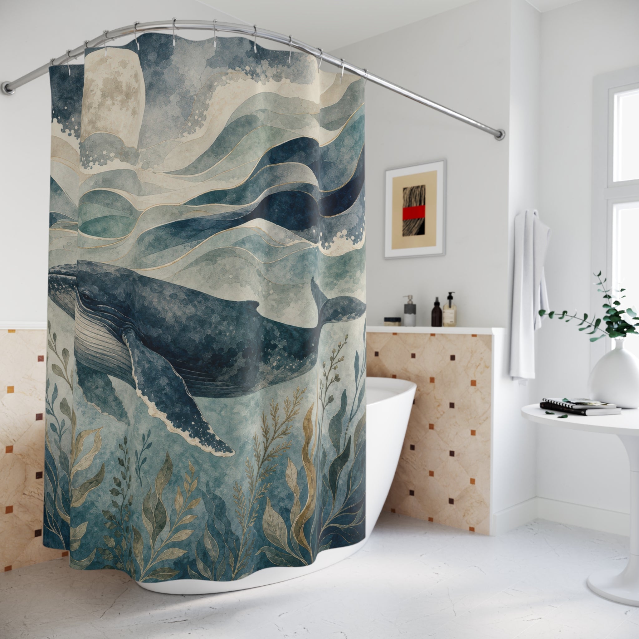 Whale Shower Curtain, Blue Watercolor Ocean Scene, Coastal Bathroom Decor, Nautical Guest Bath Sea Life Moonlit Style Art
