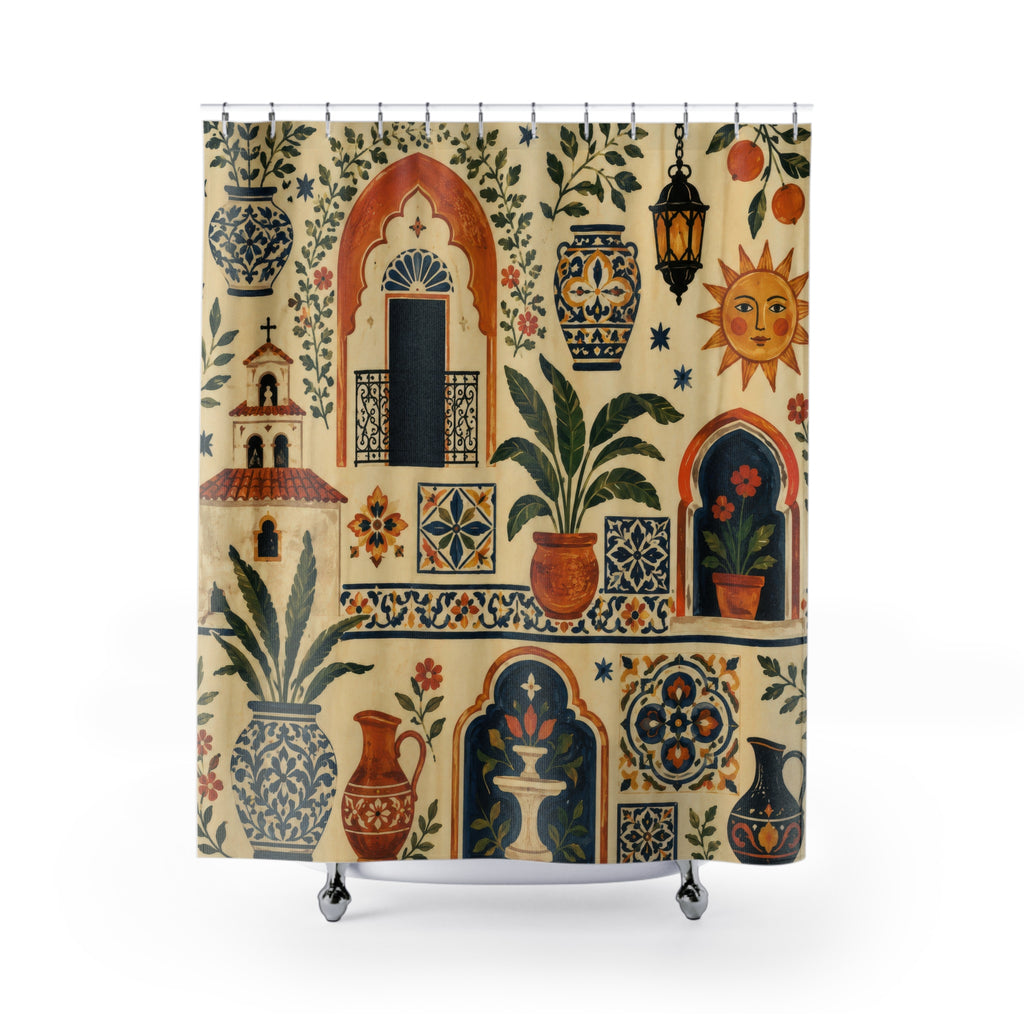 Spanish Tile Shower Curtain: Mediterranean Floral