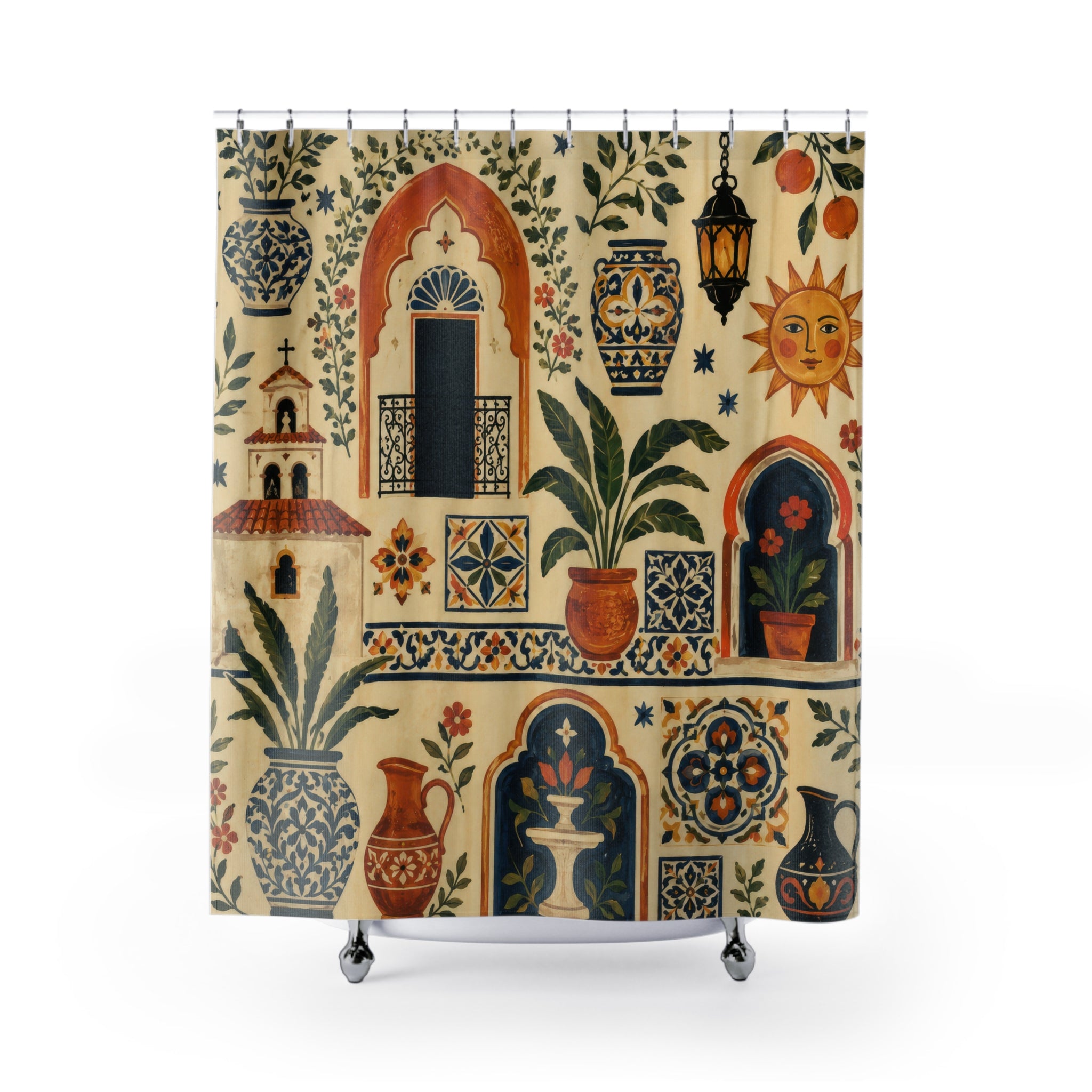 Spanish Tile Shower Curtain: Mediterranean Floral