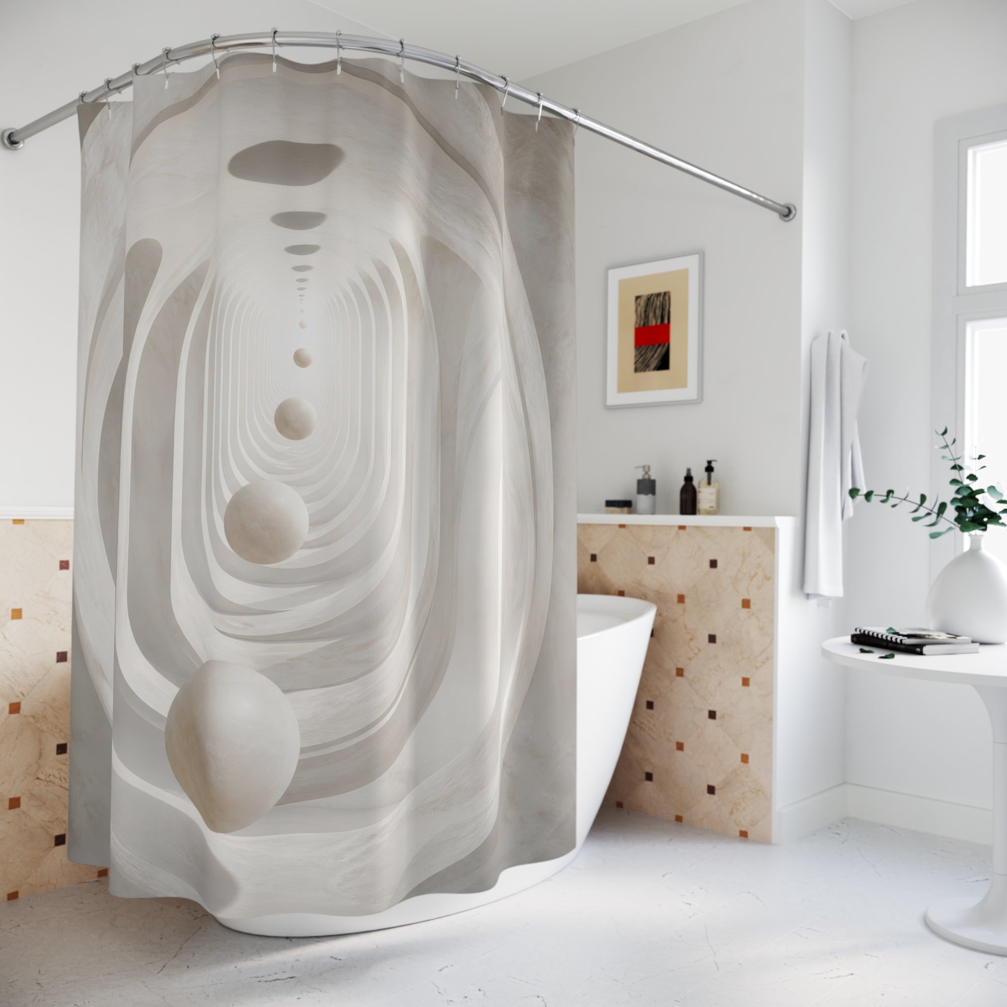 White infinite archway with floating spheres shower curtain beside a freestanding tub