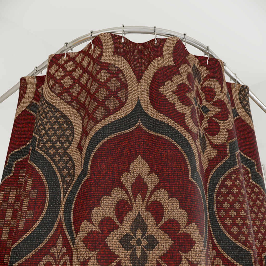 Teal Geometric Burgundy Damask Shower Curtain