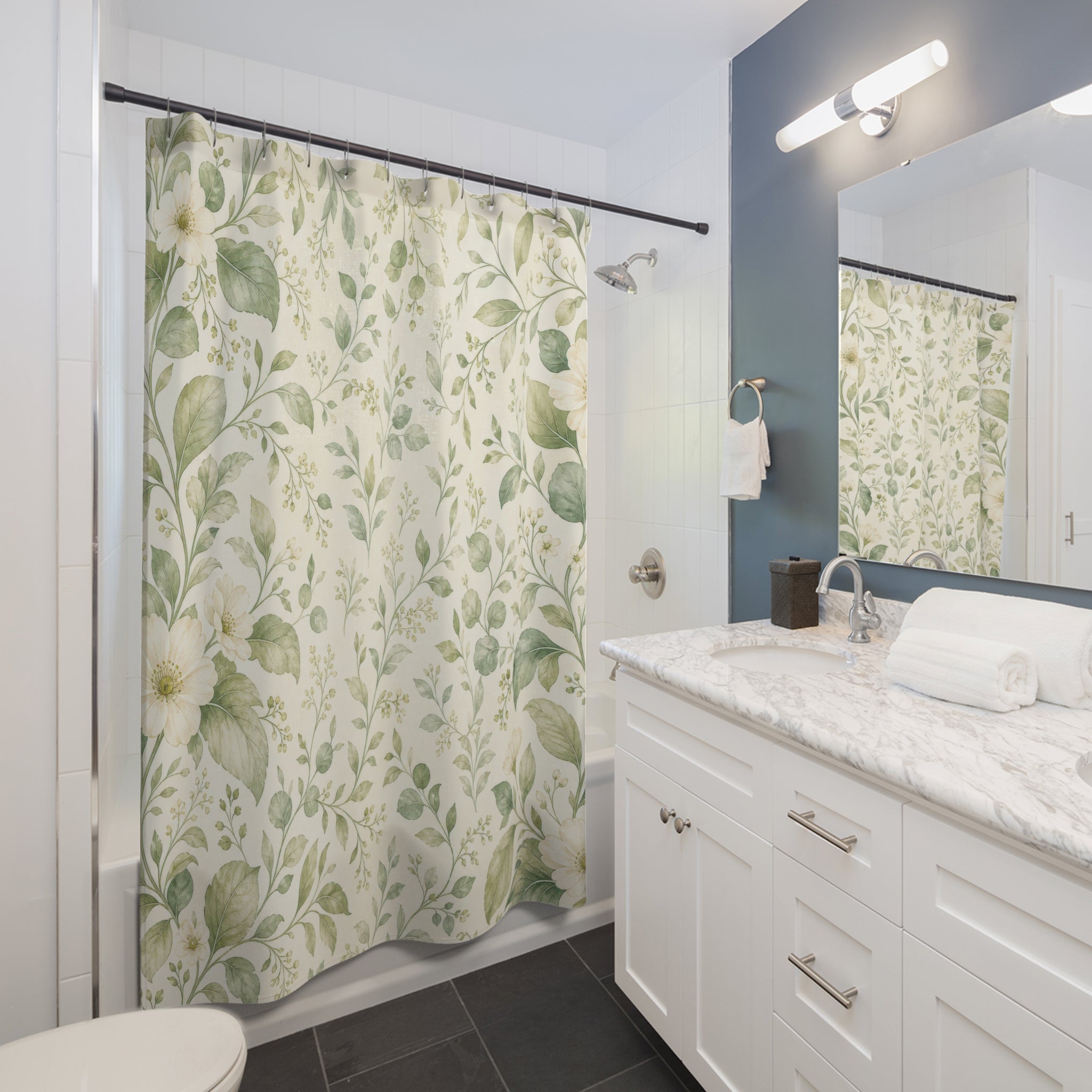 Sage White Floral Green Botanical Shower Curtain