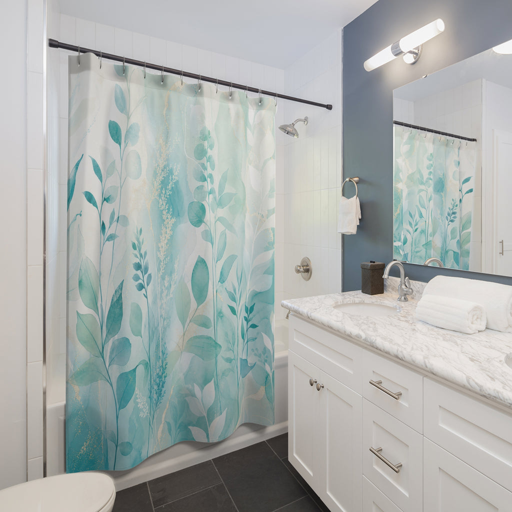 Lagoon Leaf aqua botanical soft shower curtain beside a white vanity