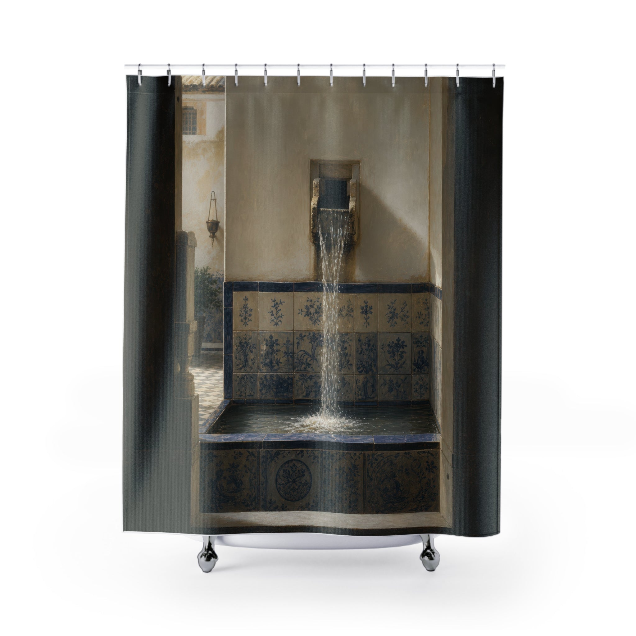 Blue Tile Water Feature Print Shower Curtain