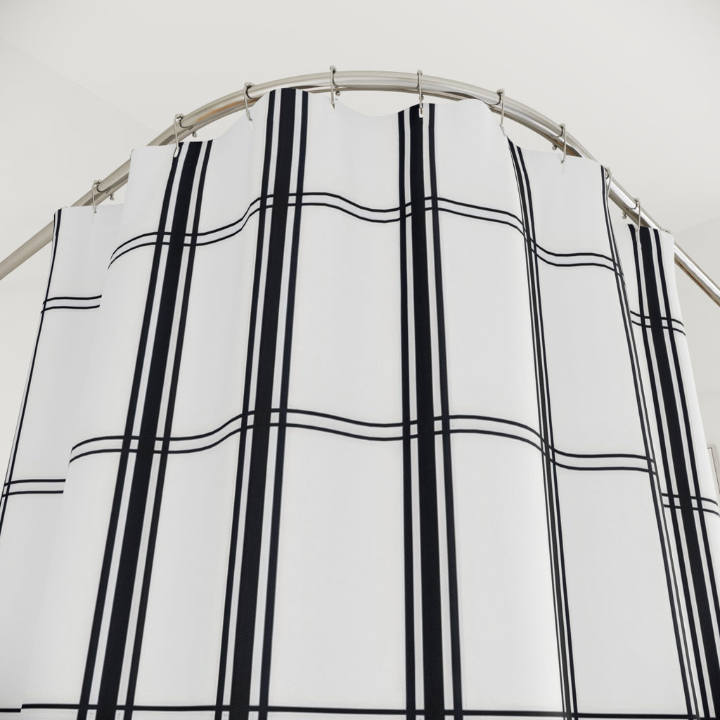 Black vertical stripe groups and fine windowpane crossbars shower curtain with close-up print, hooks, and folds
