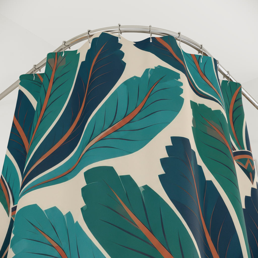 Jade and turquoise feather fans on ivory shower curtain with close-up print, hooks, and folds