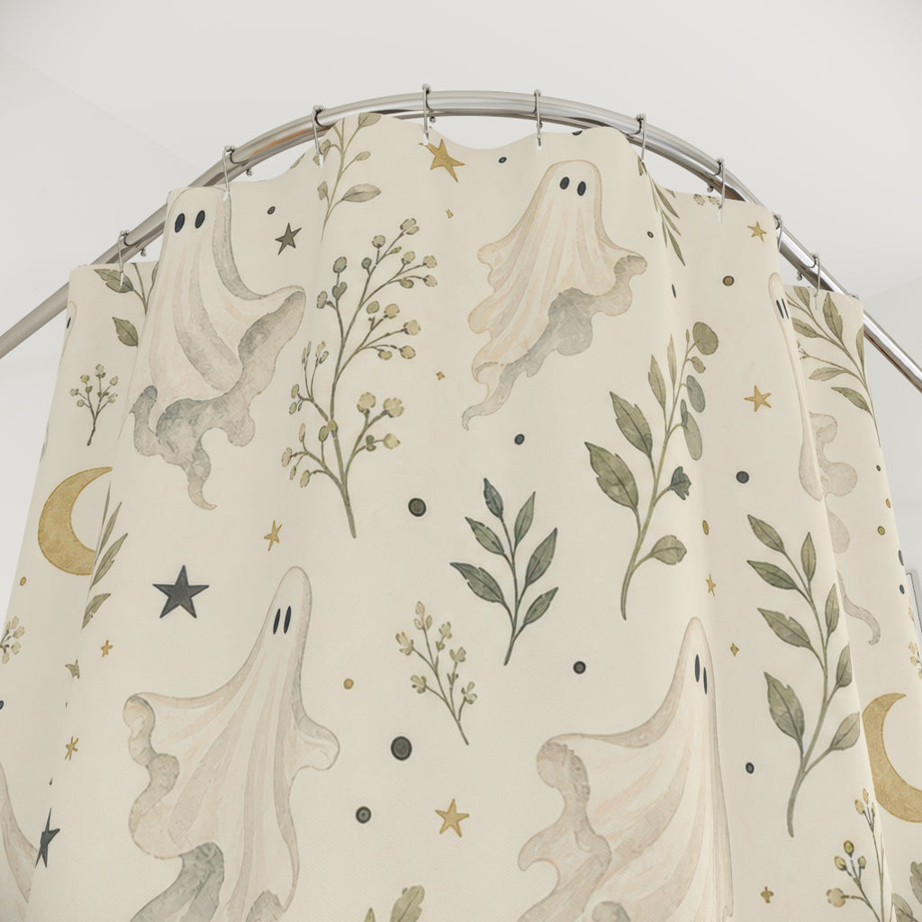 Halloween Ghost Cottage Cottagecore Beige Black Shower Curtain