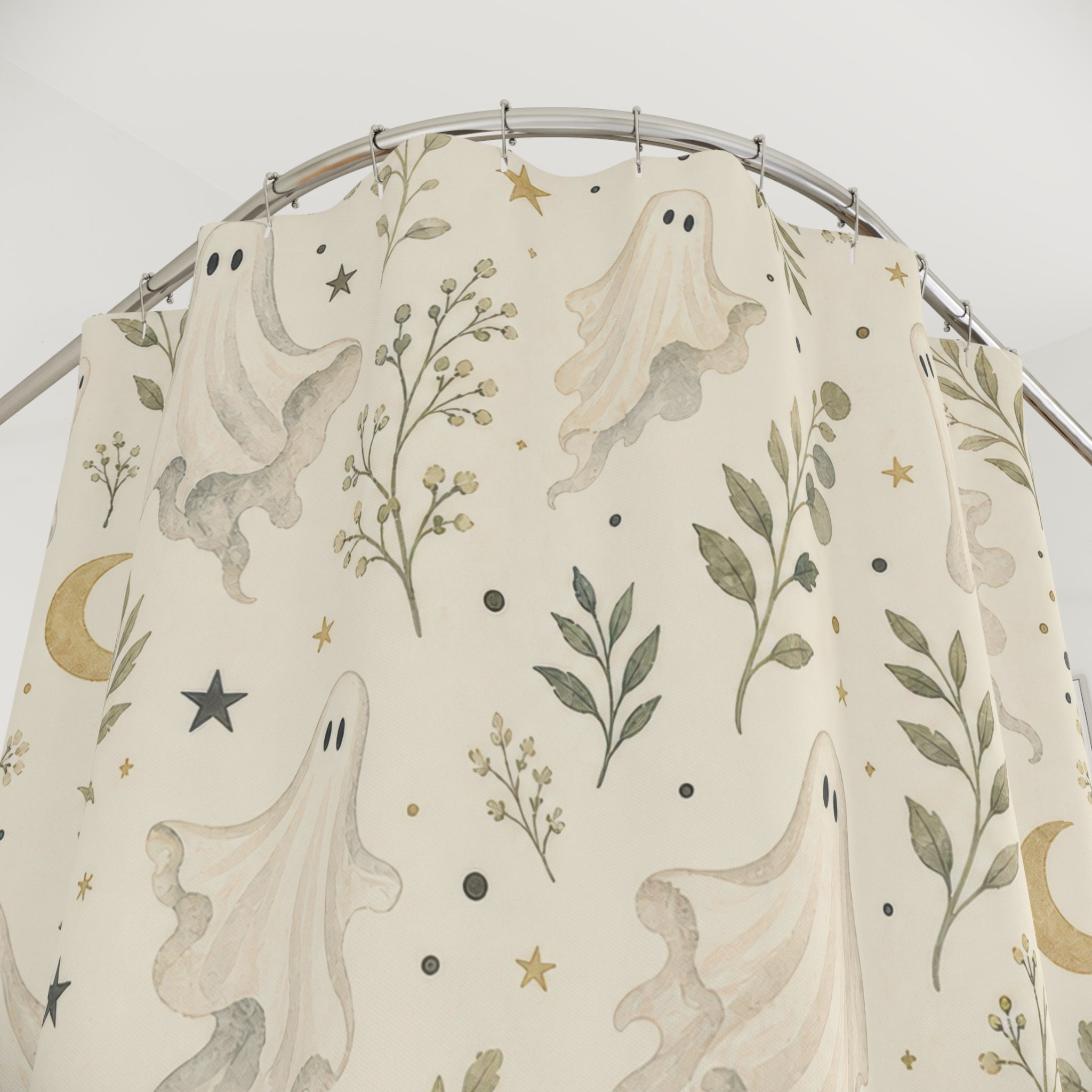 Halloween Ghost Cottage Cottagecore Beige Black Shower Curtain