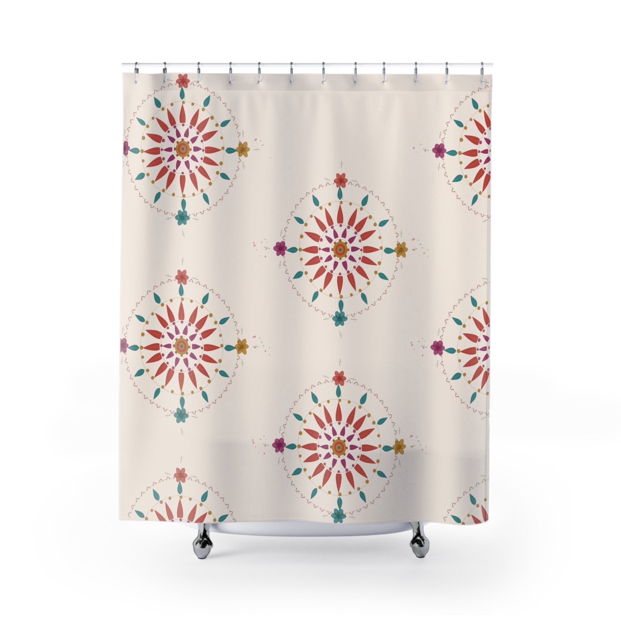 Colorful Boho Suzani Shower Curtain — Teal Coral