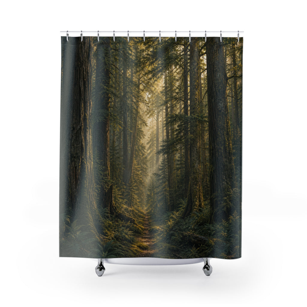Sunlit path through a towering old-growth forest shower curtain with full front view