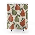 Sage green and terracotta pears with dark contours on cream shower curtain with full front view