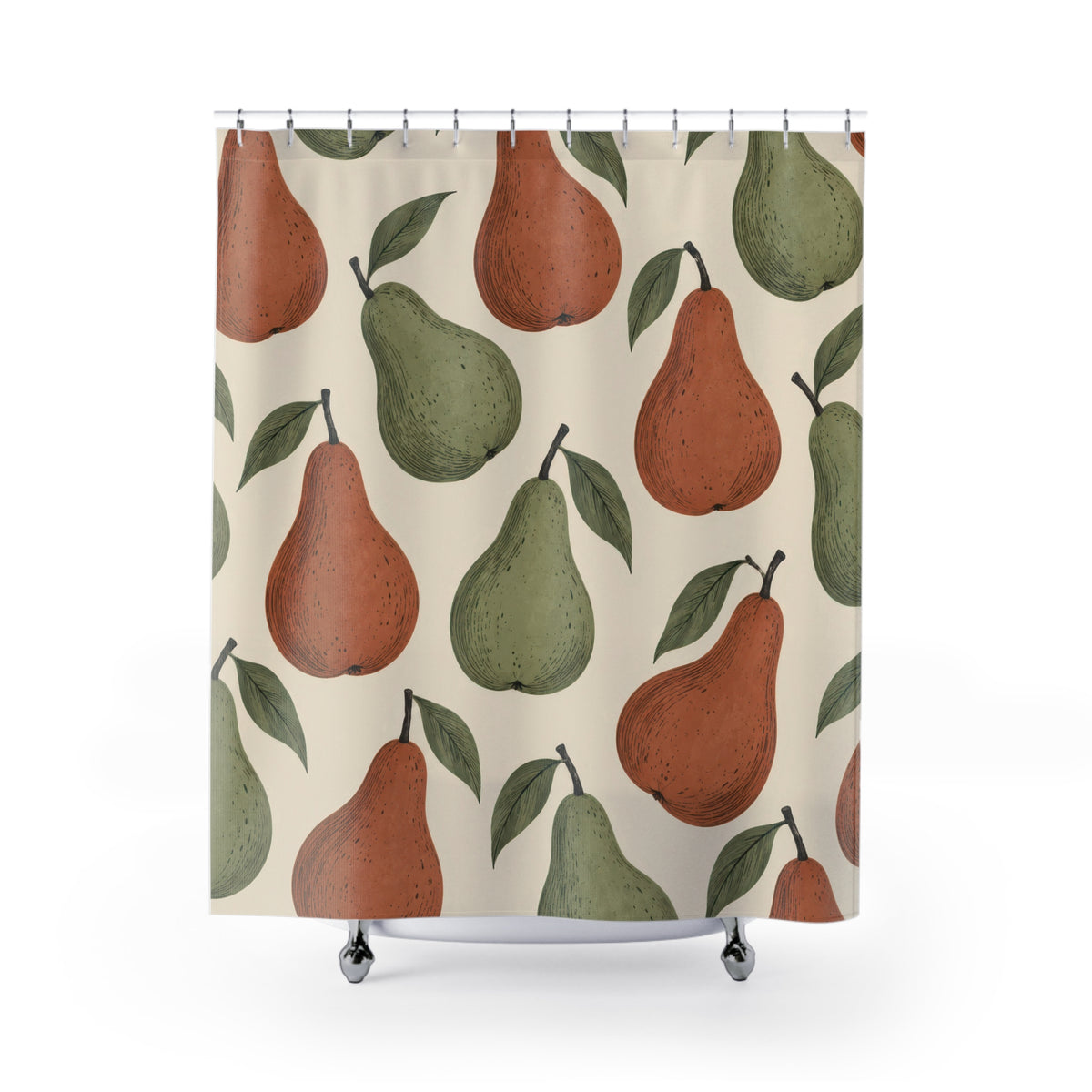 Sage green and terracotta pears with dark contours on cream shower curtain with full front view