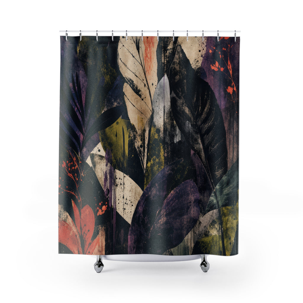 Botanical Shower Curtain, Dark Floral Art, Black Purple Green Leaves, Moody Modern Bath Decor, Nature Inspired Guest Bathroom, Bold Decor