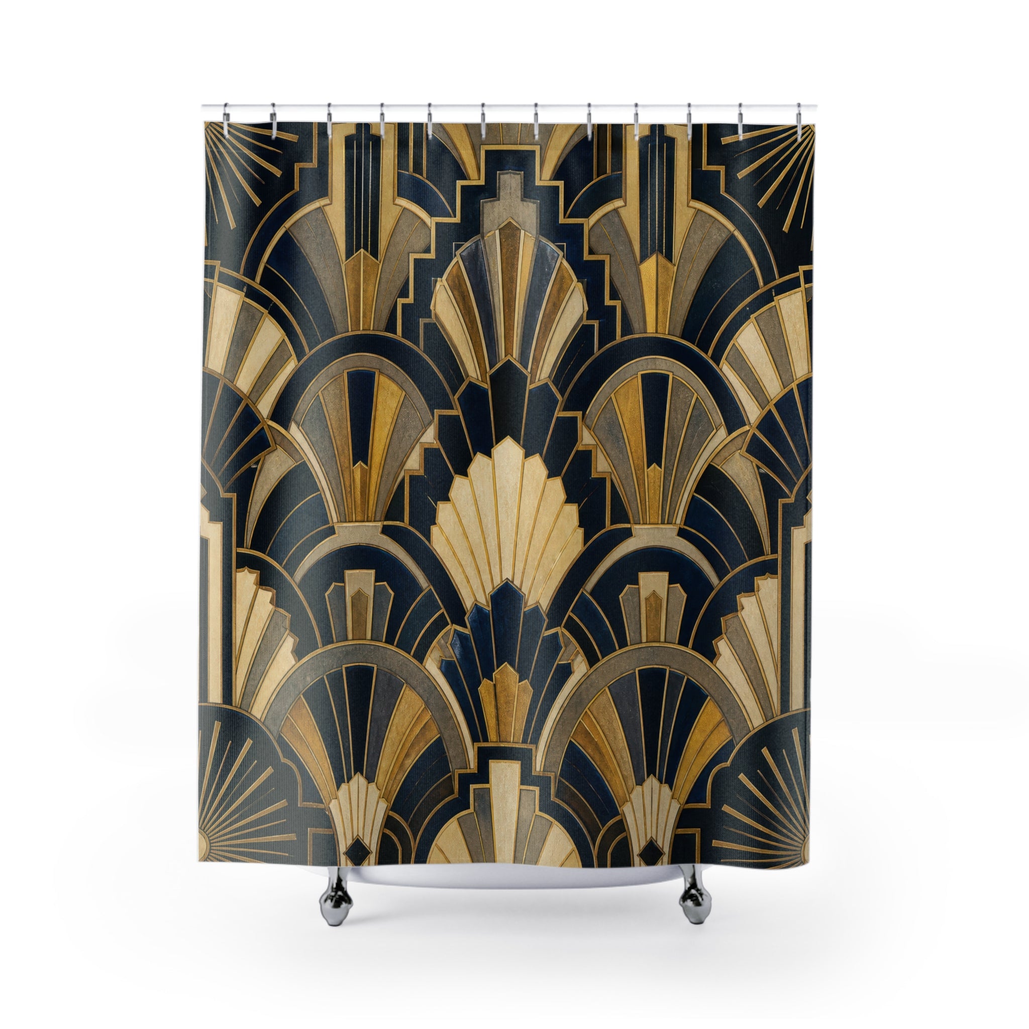 Navy Gold Fan Geometric Shower Curtain