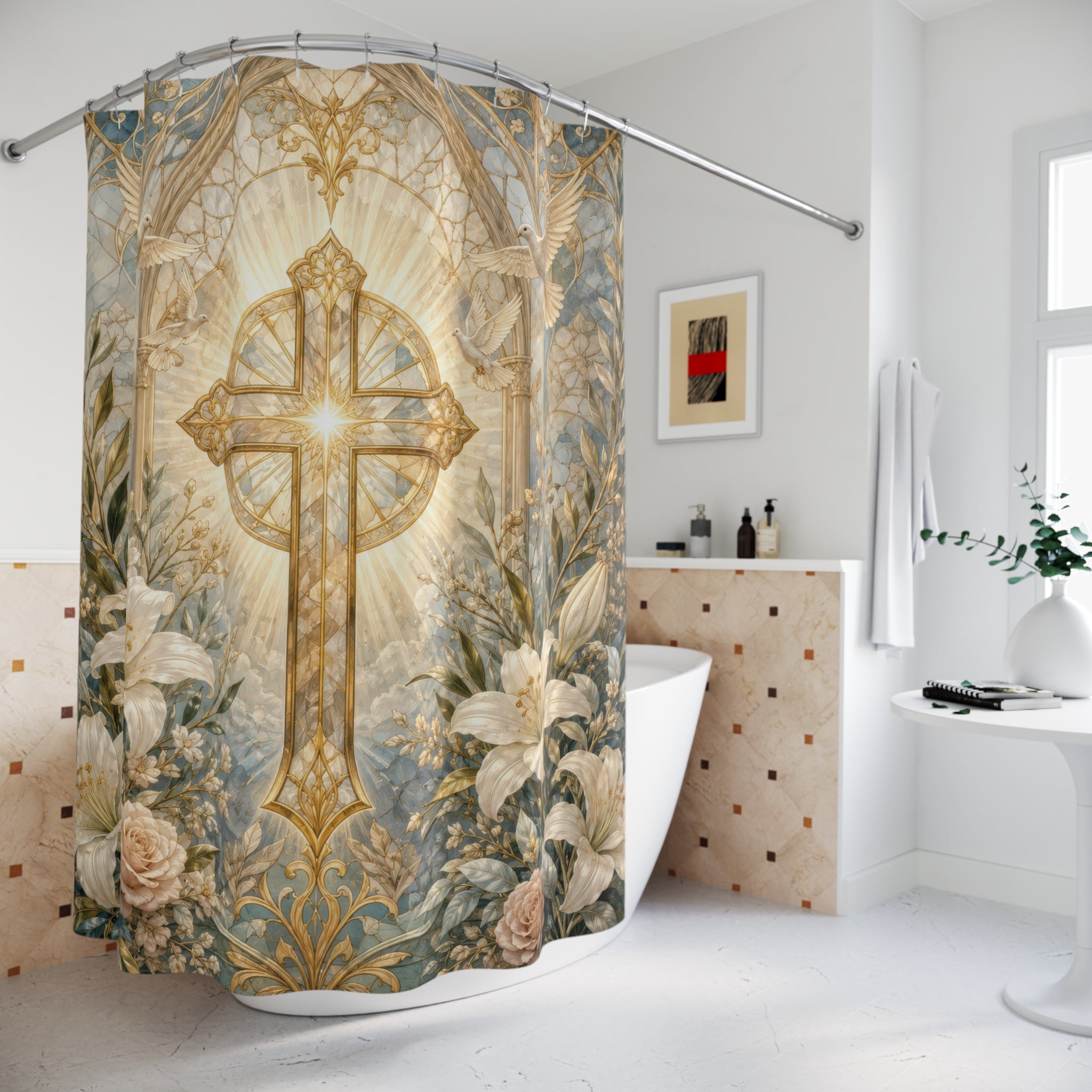 Christian Shower Curtain: White Gold Cross