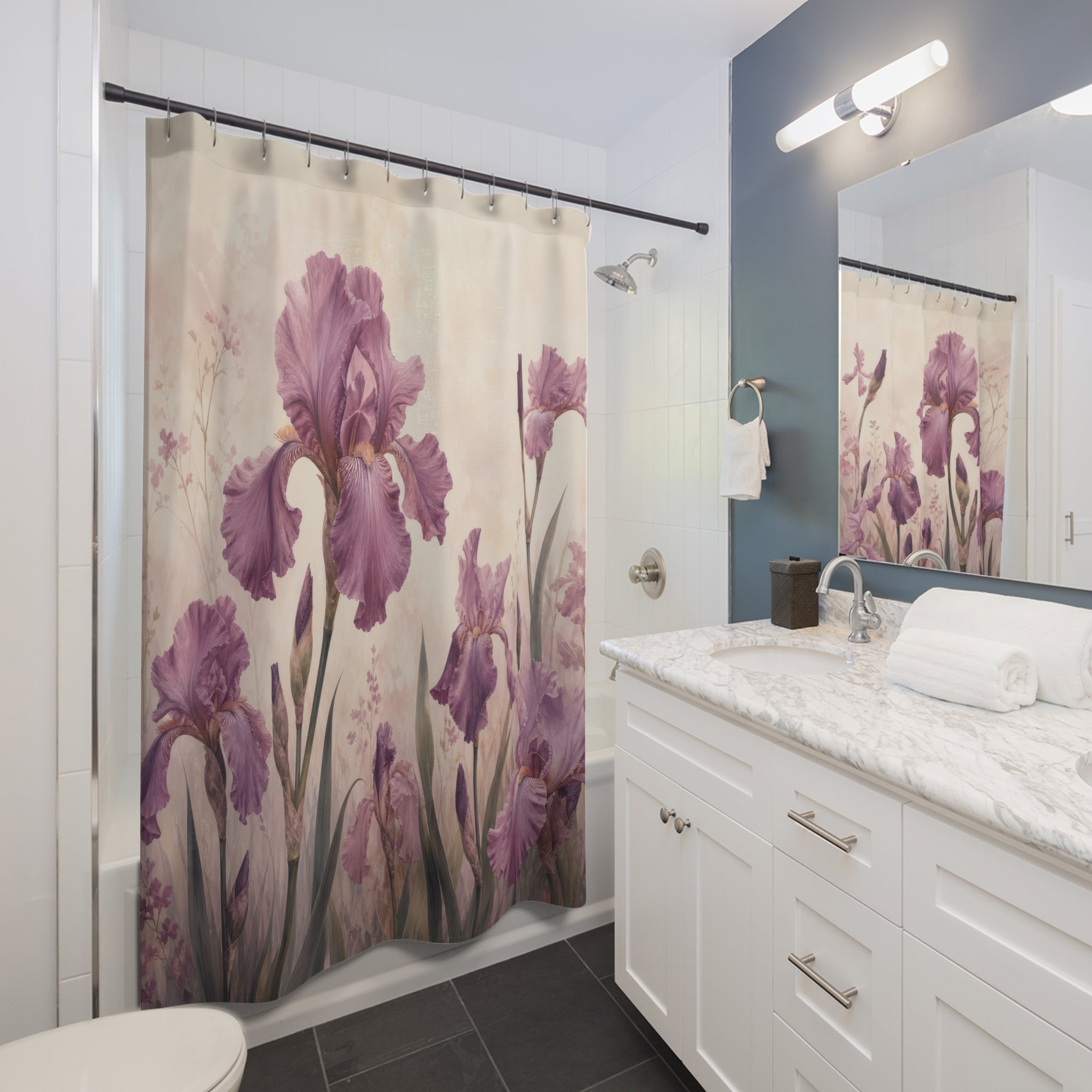 Mauve iris garden with plum blooms and cream ground shower curtain beside a white vanity