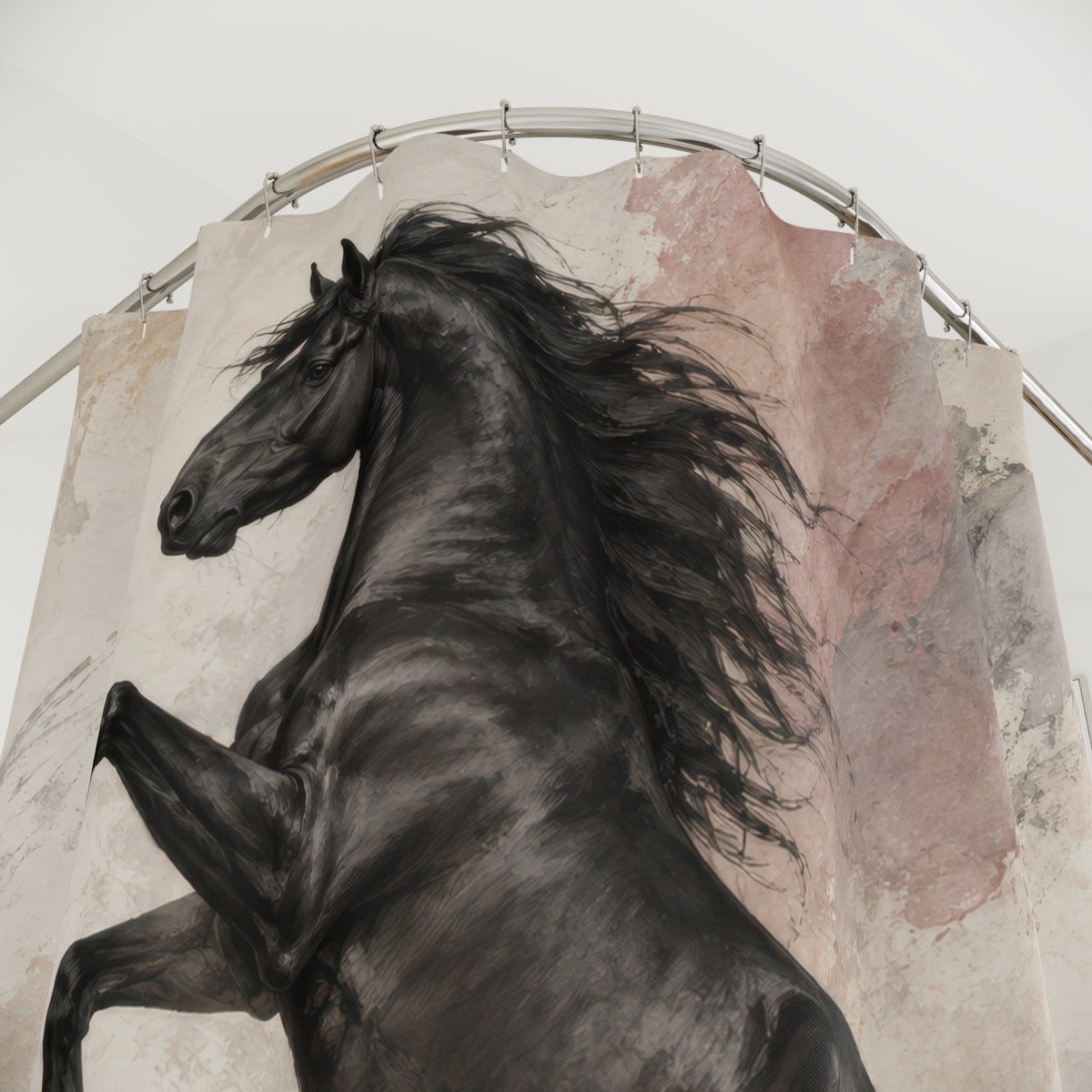 Rearing black horse with oxblood and pale stone brushwork shower curtain with close-up print, hooks, and folds