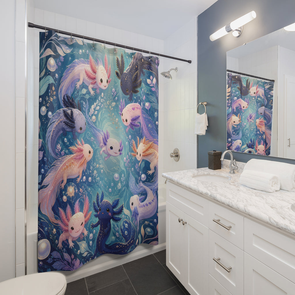 Pastel axolotls swimming in a sparkling aqua and lilac spiral shower curtain installed beside a white vanity