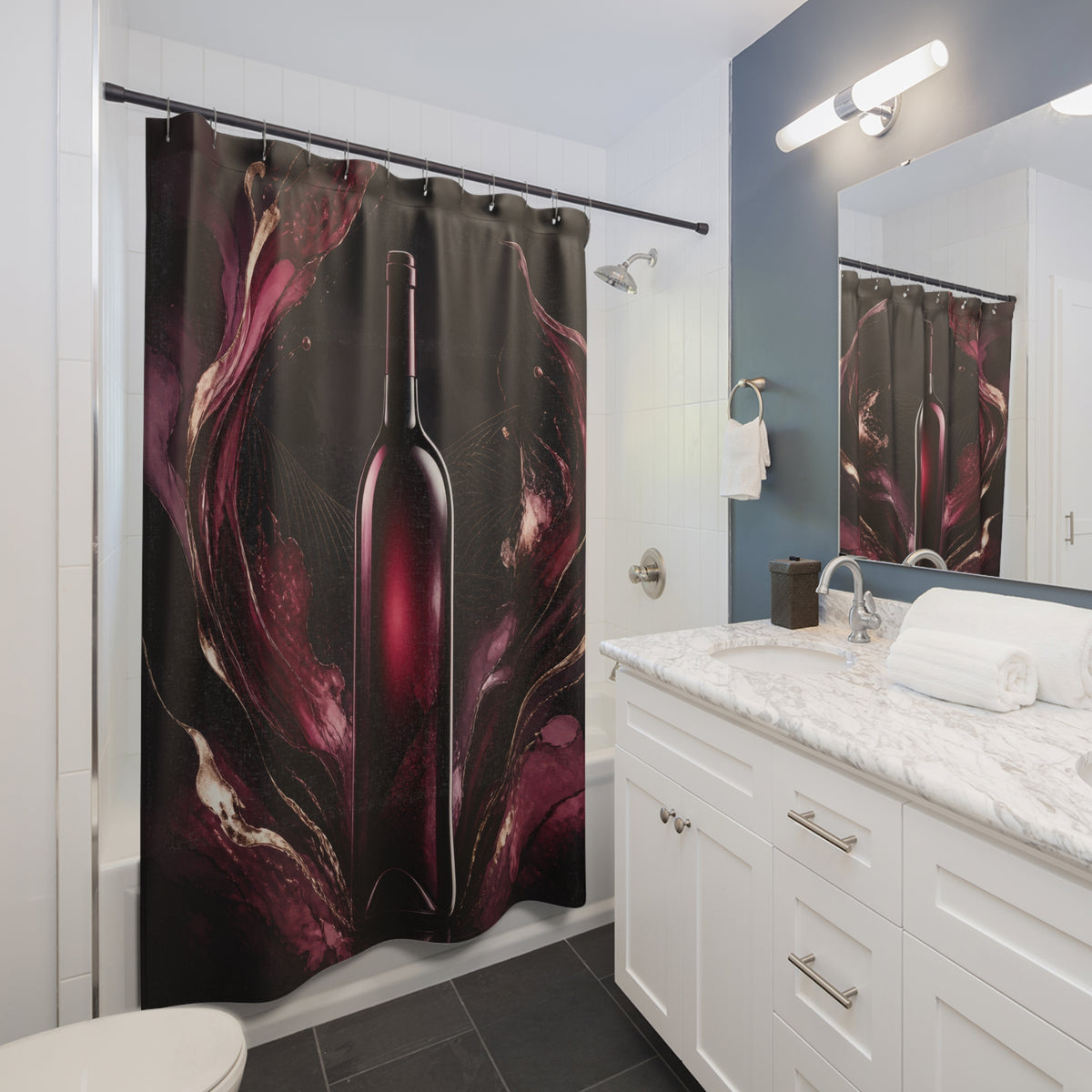 Burgundy wine bottle framed by sweeping plum ribbons shower curtain beside a white vanity