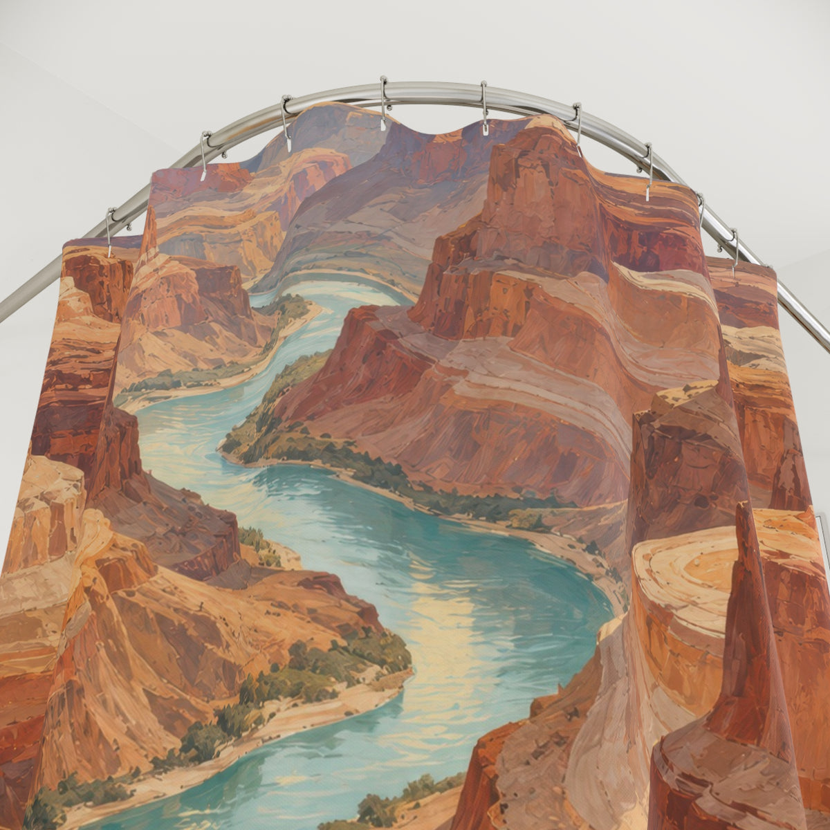 Turquoise river between terracotta sandstone canyon cliffs shower curtain with close-up print, hooks, and folds