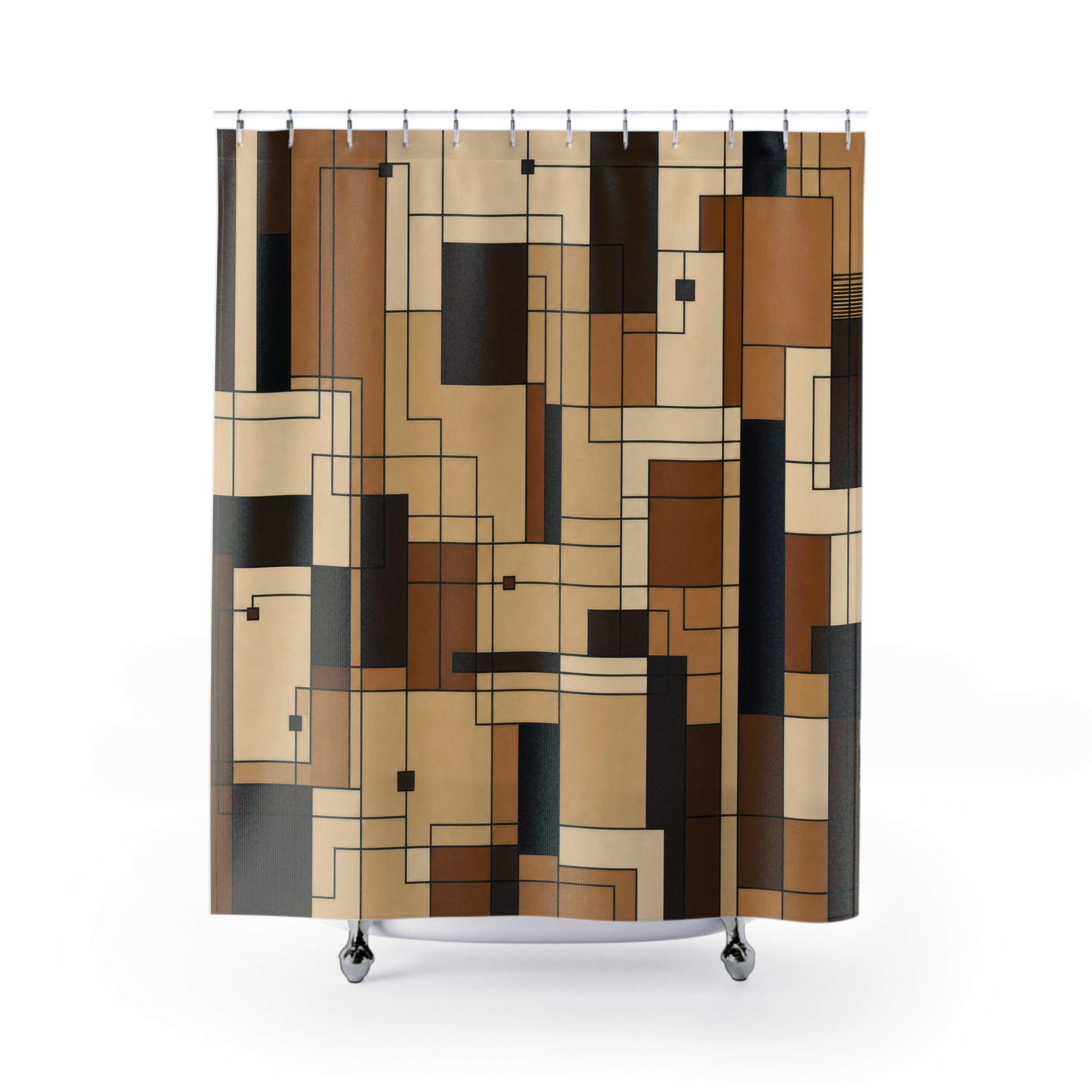 Geometric Shower Curtain, Black Brown Architectural Bath Decor, Cream Tan Line Grid Pattern, Modern Neutral Guest Bathroom Decor Style