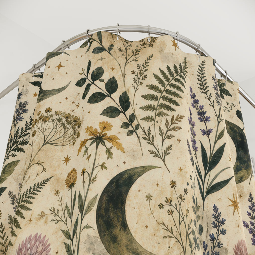 Painterly Moon Shower Curtain, Witchy Botanical Bath Decor, Herb Fern Floral Pattern, Ivory Green Celestial Nature Guest Bathroom Decor