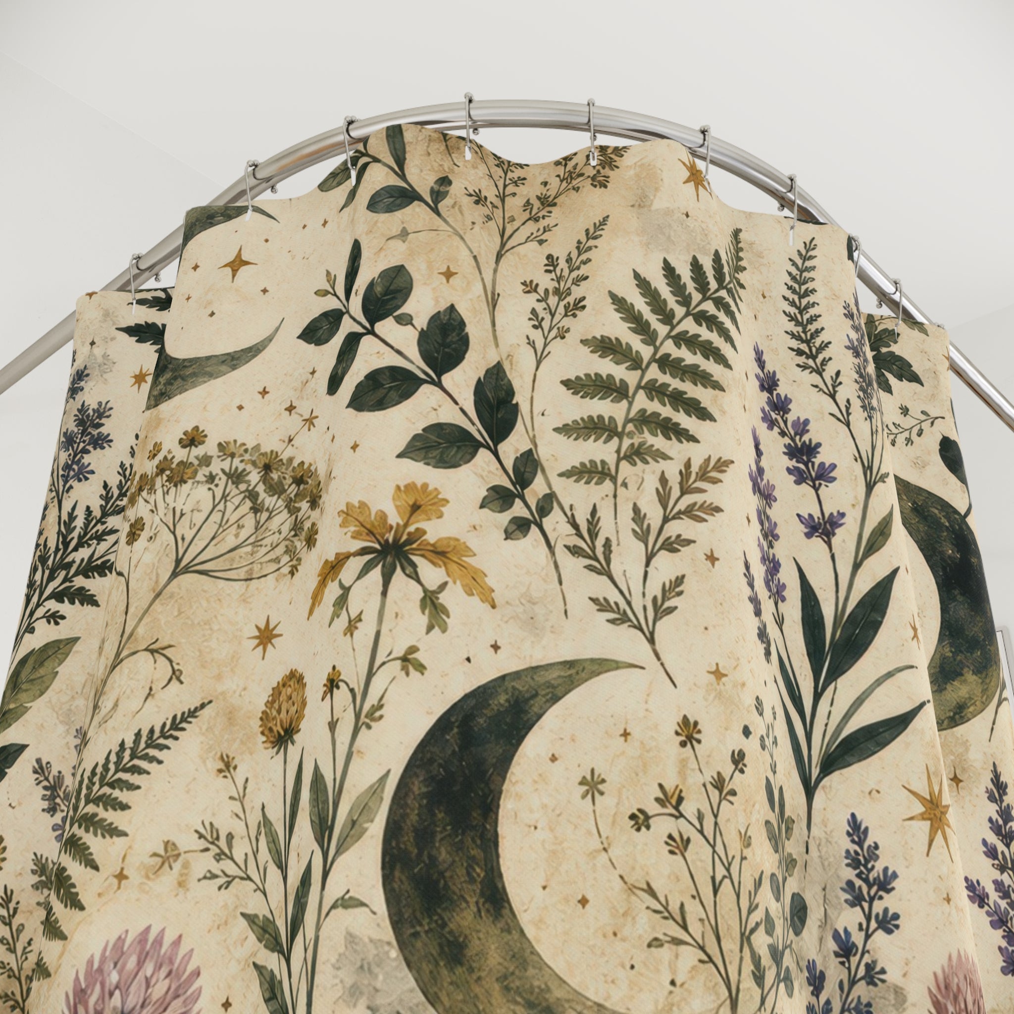 Painterly Moon Shower Curtain, Witchy Botanical Bath Decor, Herb Fern Floral Pattern, Ivory Green Celestial Nature Guest Bathroom Decor