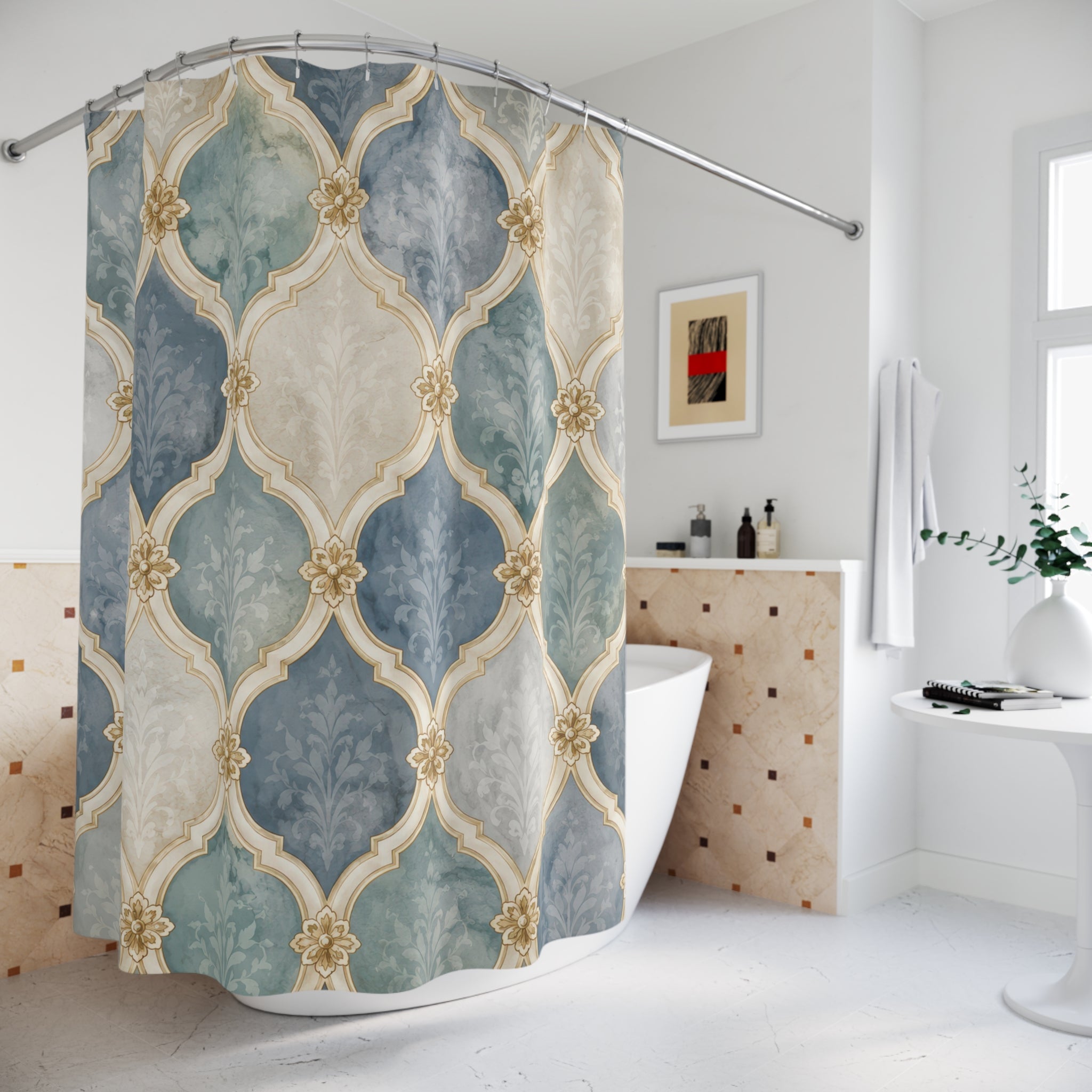 Lattice Shower Curtain: Blue Green Trellis