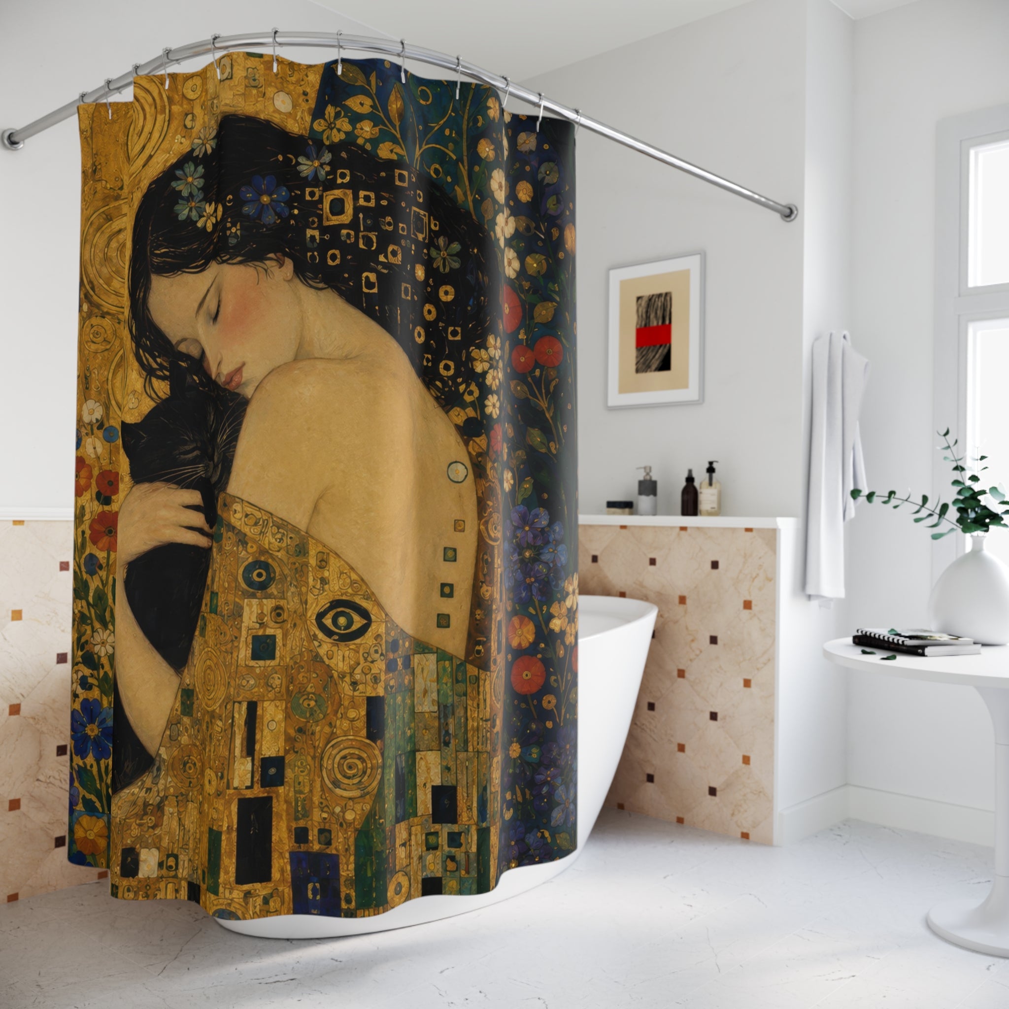 Klimt Inspired Black Cat Shower Curtain: Gold Nouveau