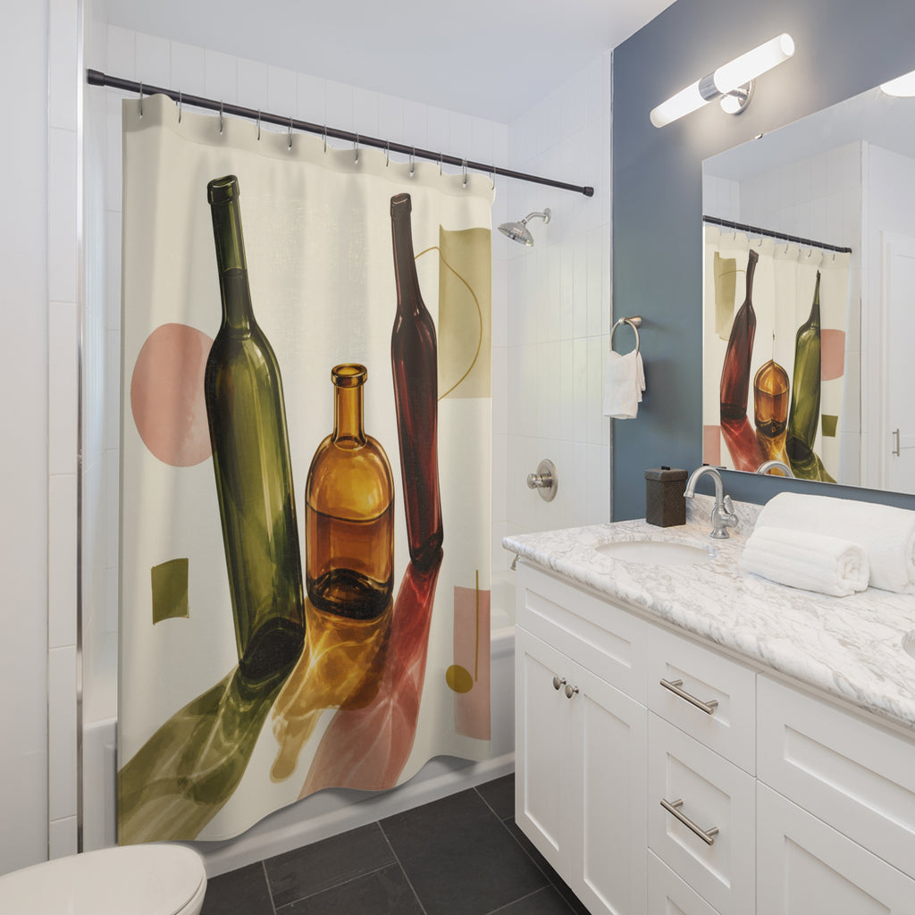Green amber and burgundy wine bottle still life shower curtain beside a white vanity