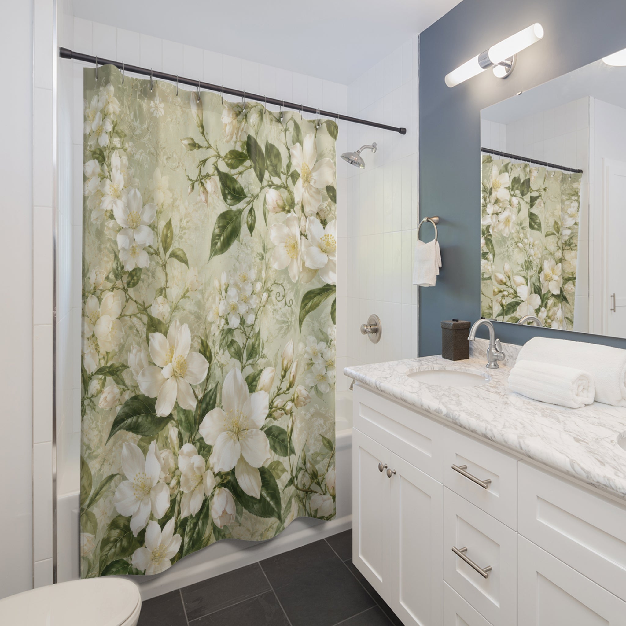 Jasmine Shower Curtain: White Floral Botanical