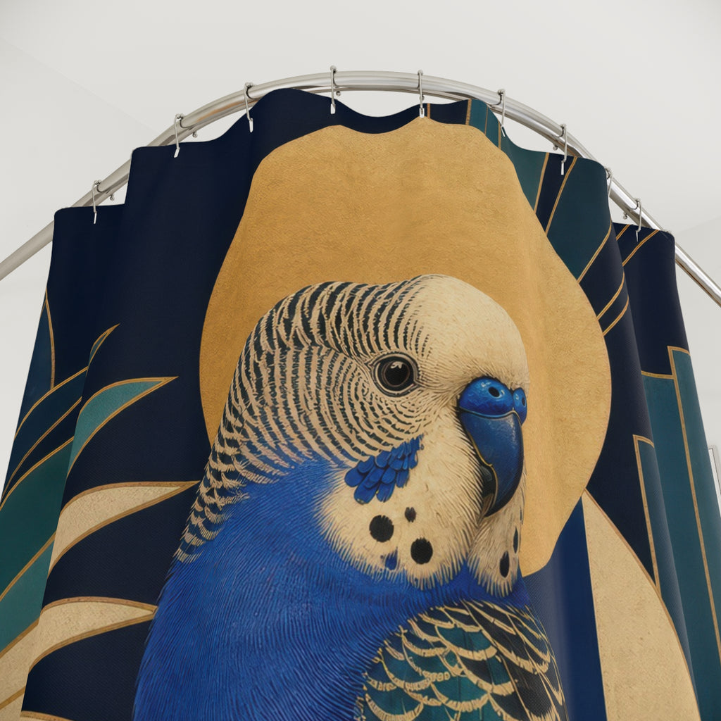 Cobalt Art Deco Parakeet shower curtain with close-up print, hooks, and folds