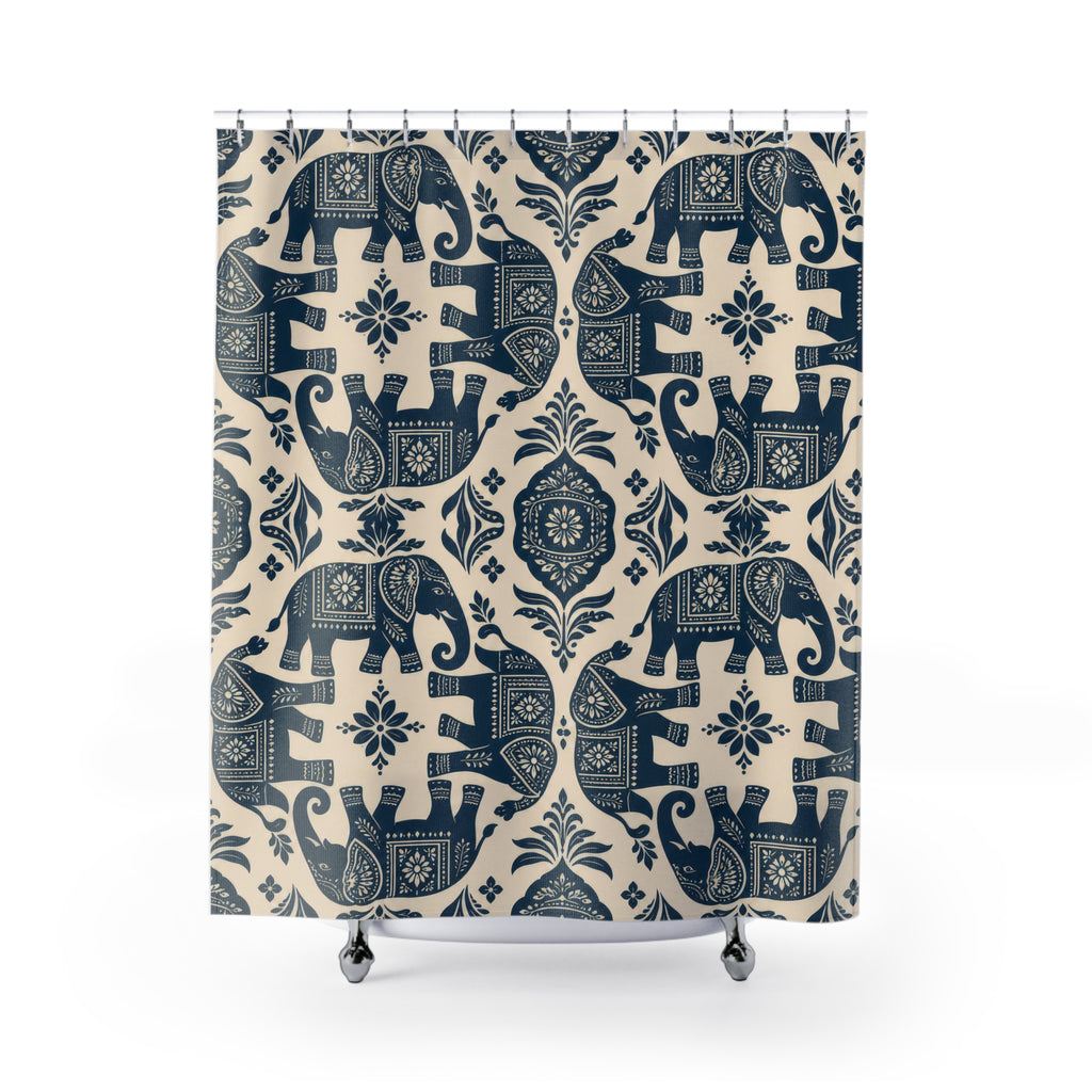 Indigo elephant folk pattern shower curtain with full front view