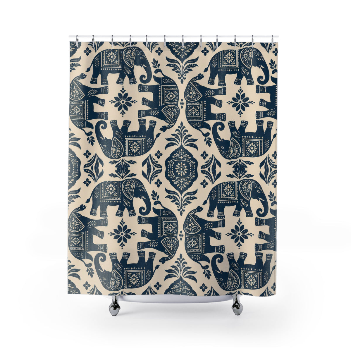 Indigo elephant folk pattern shower curtain with full front view