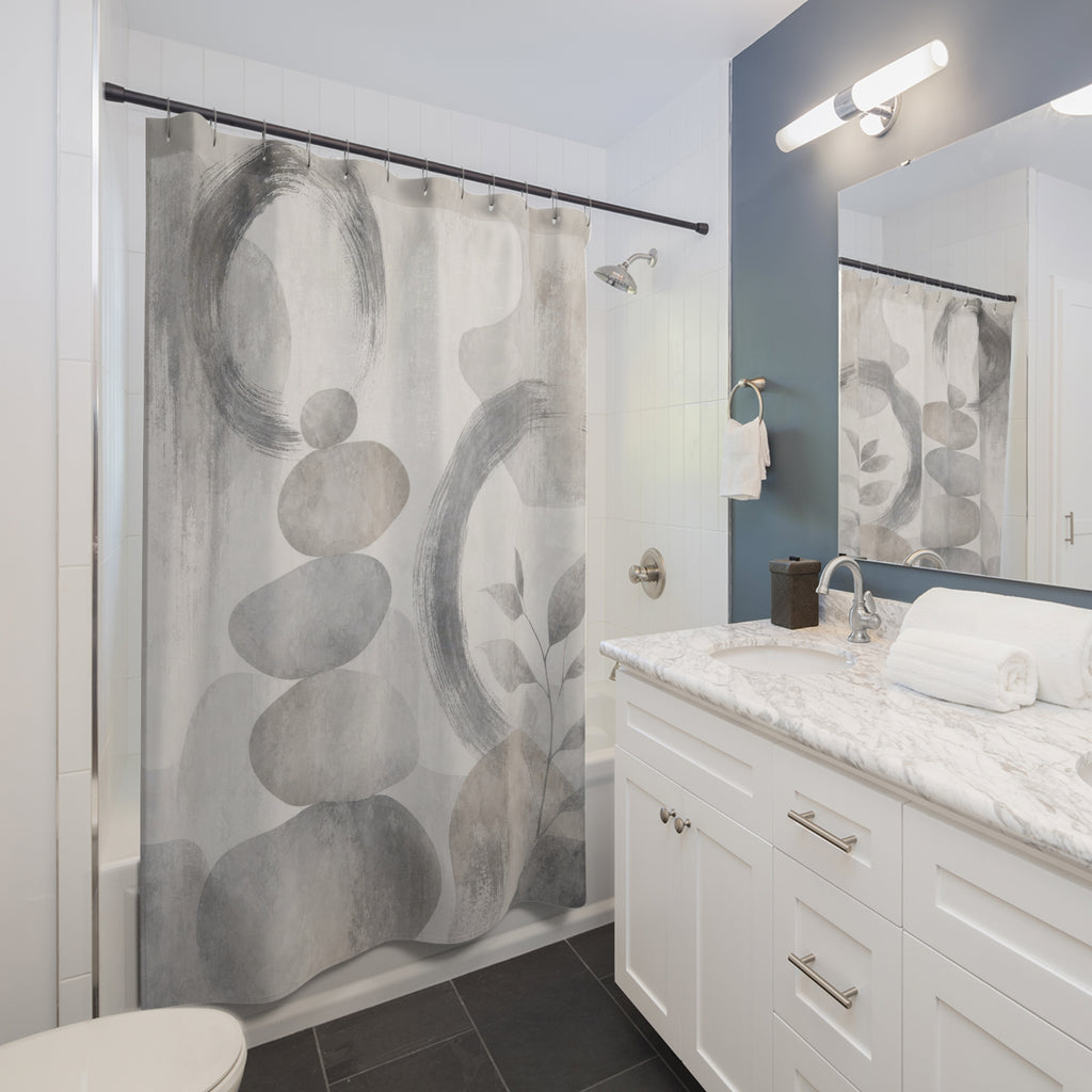 Zen Shower Curtain, Gray Stone Bath Decor, Stacked Pebble Spa Pattern, Neutral Guest Bathroom Decor, Calm Modern Spa Stone Neutral Style