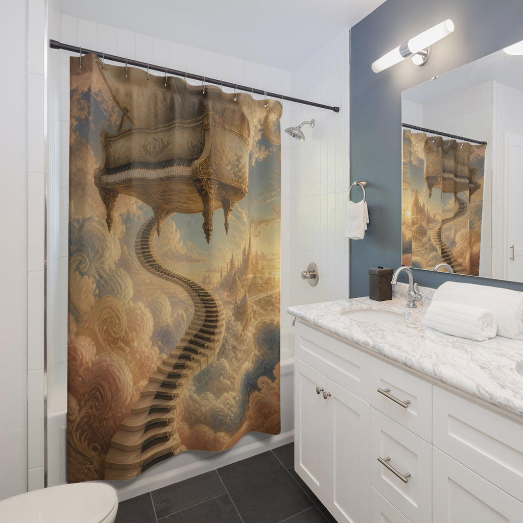 Floating piano above a keyboard stairway shower curtain beside a white vanity