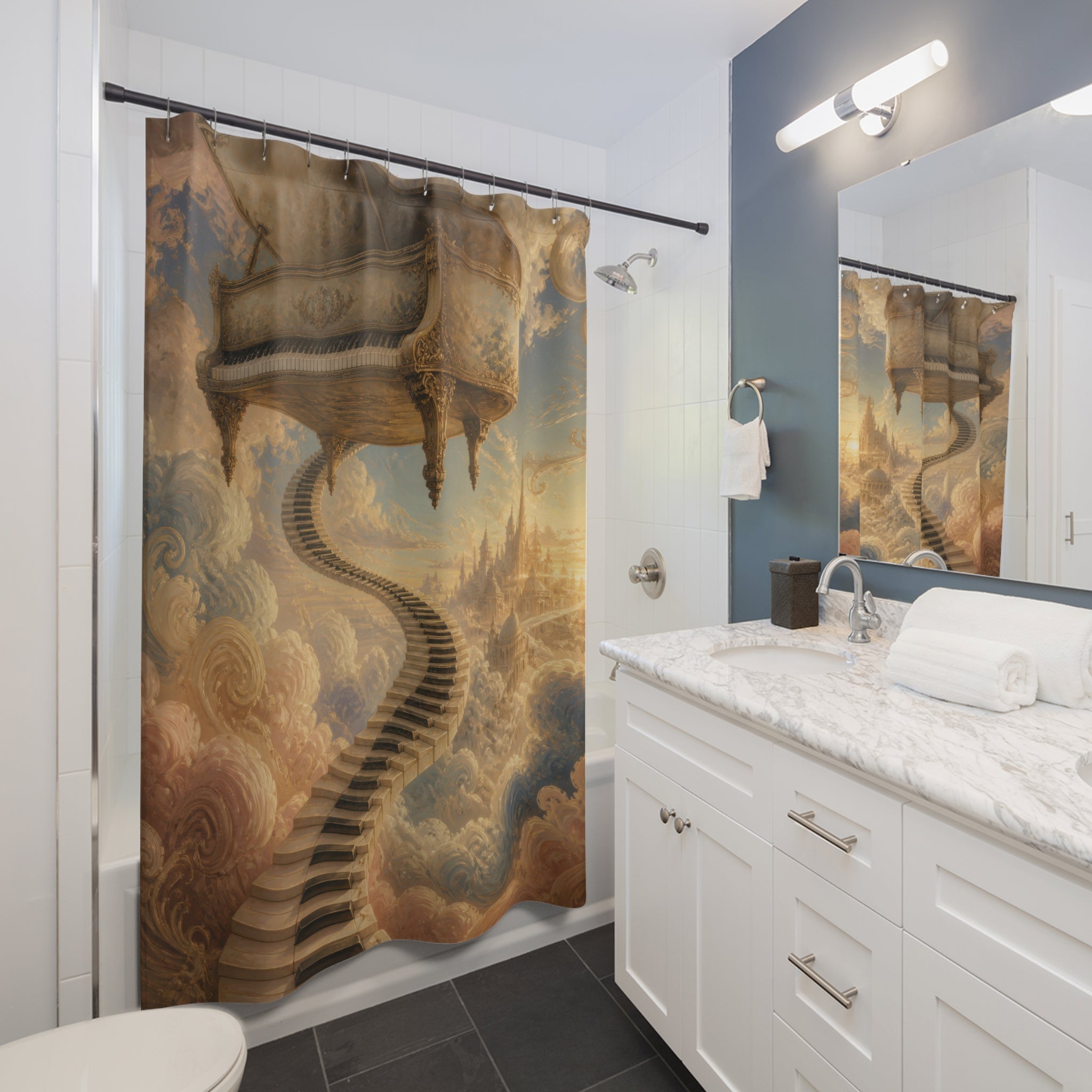 Floating piano above a keyboard stairway shower curtain beside a white vanity