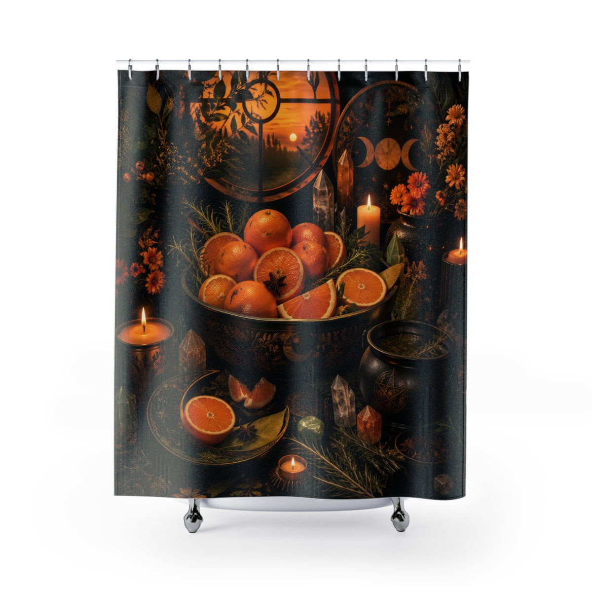 Wiccan autumn kitchen altar with oranges herbs and cauldron shower curtain with full front view