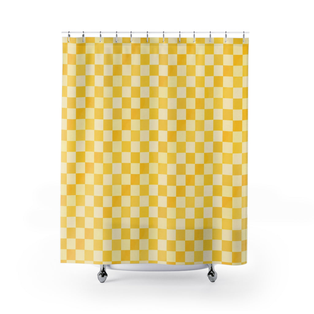 Butter yellow and cream micro checkerboard shower curtain with full front view