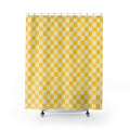Butter yellow and cream micro checkerboard shower curtain with full front view
