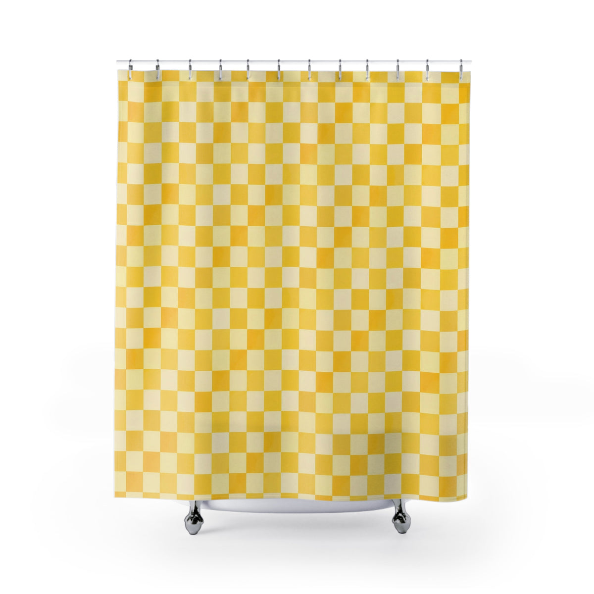 Butter yellow and cream micro checkerboard shower curtain with full front view