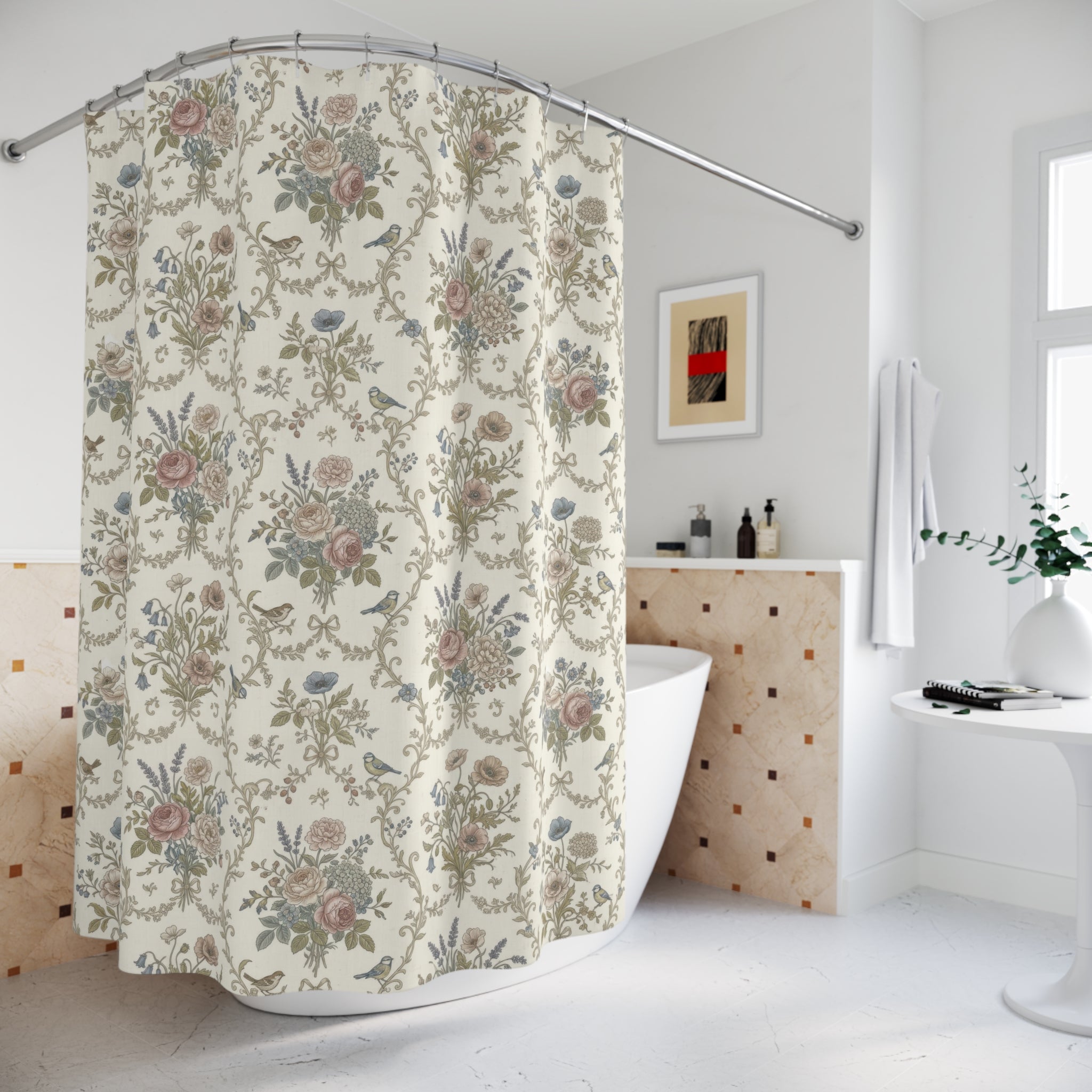 French Country Floral Shower Curtain — Vintage Beige
