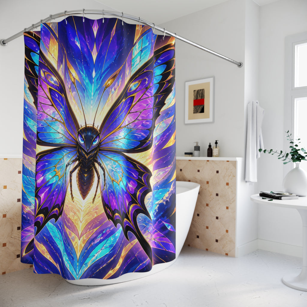 Prismatic butterfly spirit rising through a radiant wingburst shower curtain beside a freestanding tub