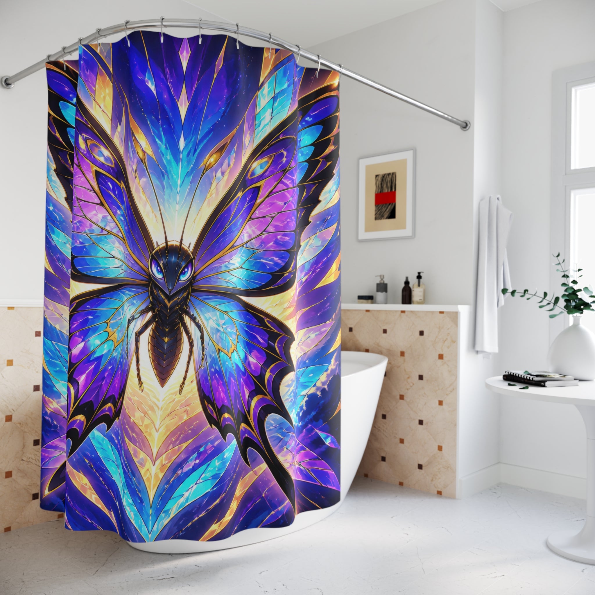Prismatic butterfly spirit rising through a radiant wingburst shower curtain beside a freestanding tub