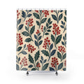 Red winter berry block print on cream shower curtain with full front view