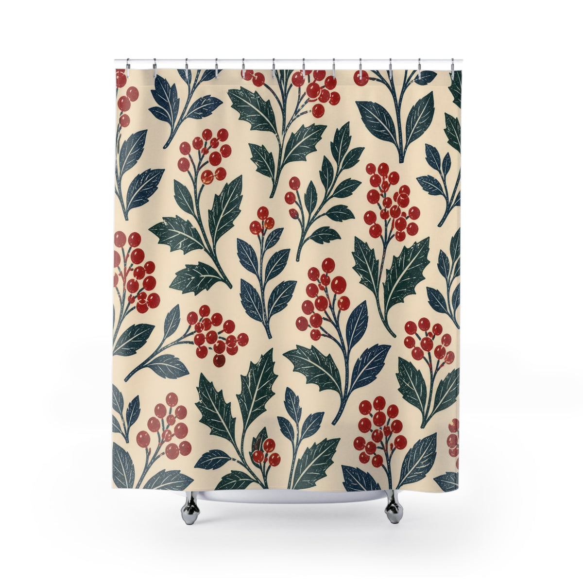 Red winter berry block print on cream shower curtain with full front view
