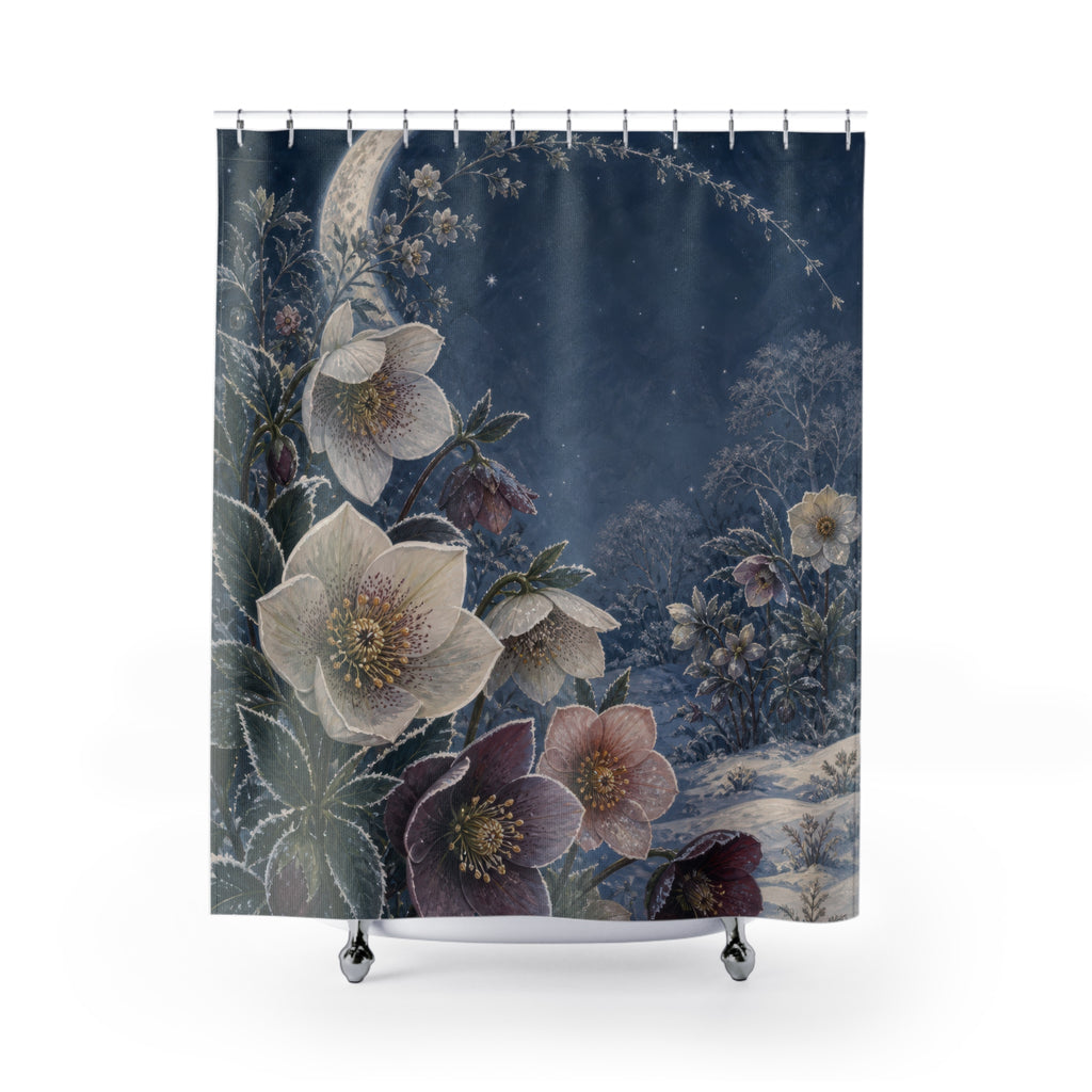 Moonlit winter hellebores in a snowy blue garden shower curtain with full front view