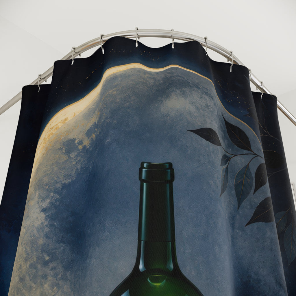 Moonlit green wine bottle with delicate leaf silhouettes shower curtain with close-up print, hooks, and folds