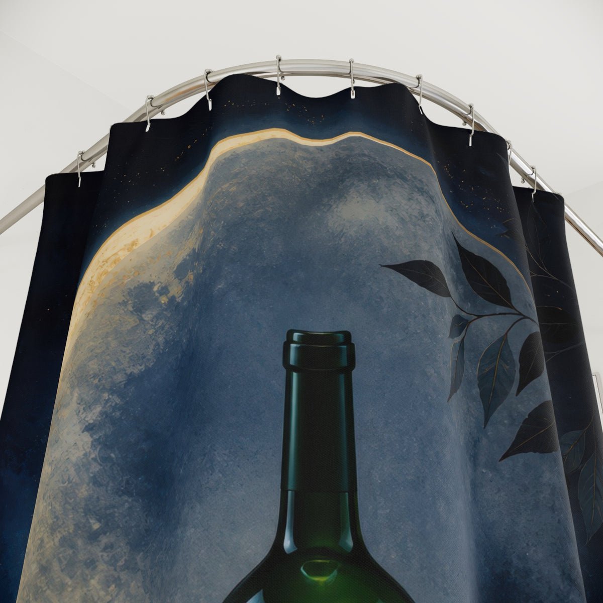 Moonlit green wine bottle with delicate leaf silhouettes shower curtain with close-up print, hooks, and folds