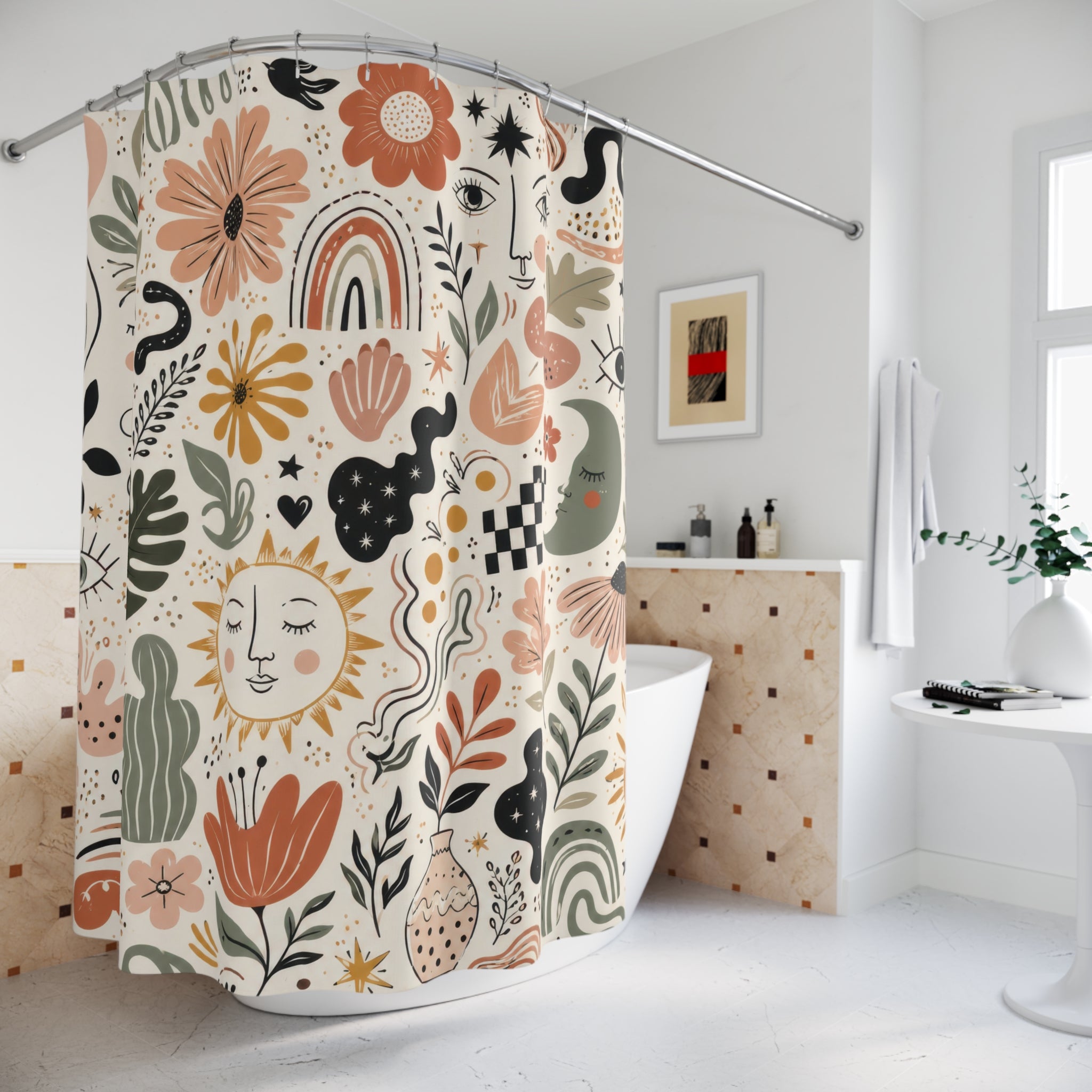 Boho Doodle Shower Curtain: Hand Drawn Floral